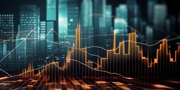 Orange finance bar graph in from of city skyline outline in blue