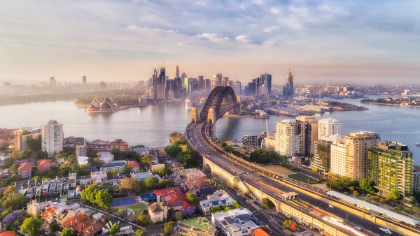 Landscape shot of the Sydney skyline, including the Harbour Bridge