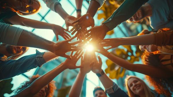 People United in a Circular Formation under Sunrays, Golden Hour Connection Group of People Holding Hands in the Sunset Glow