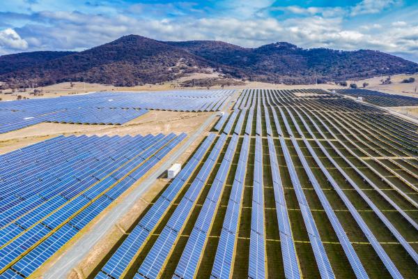 Aerial view of a large solar farm for renewable energy supply in Canberra