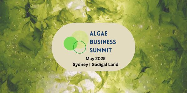 Algae Business Summit in black text over green seaweed background