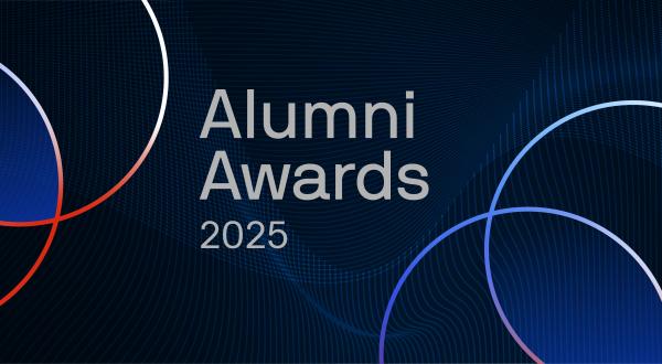 Dark background with dark blue lines in the background. Advancement rings in purple and blue sit the bottom right and the top left of the creative. The text Alumni Awards 2025 is in large font at the top of the graphic.