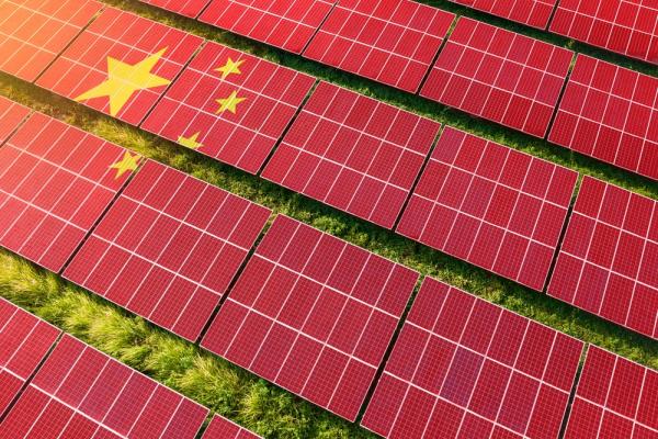 Solar farm superimposed with flag of China