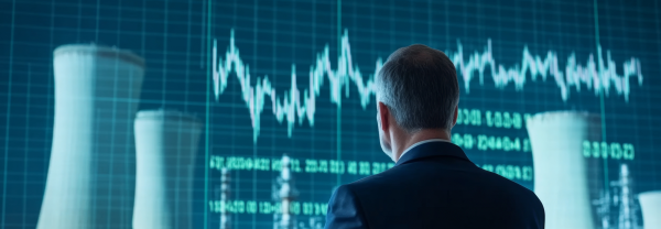 Man looking at a power plant and stock market graph