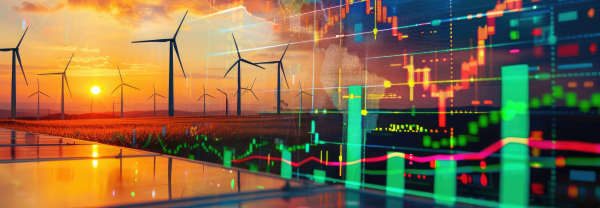 Wind farms overlaid with graphs and computer screen data