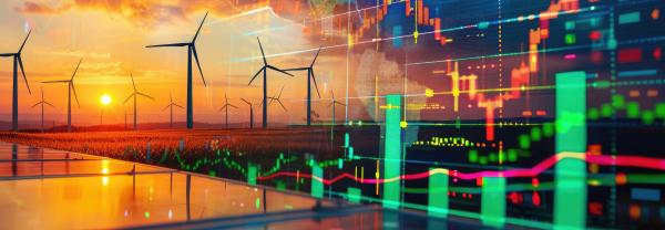 Wind farms overlaid with graphs and computer screen data 