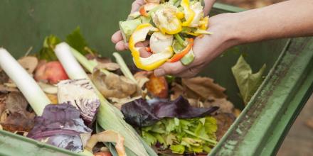 Garbage bin filled with food waste and someone picking up a handful