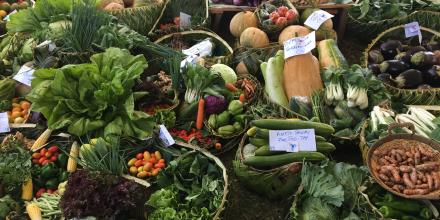 Fresh fruit and vegetables with labels