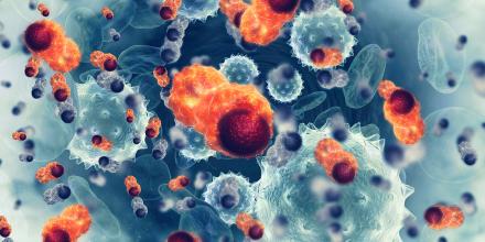 Microscopic view of cancer cell multiplication in shades of blue and orange