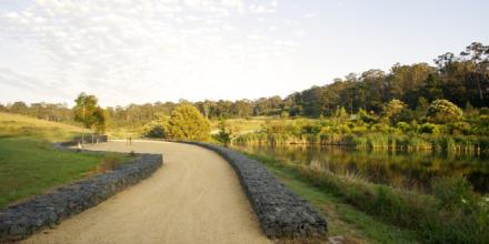 A dirt footpath next to a lake