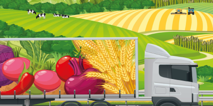 An illustration of a truck with fresh fruit and veggies painted on the side, driving past a field with cows grazing and crops being planted.