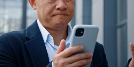 A confused elderly man looking at a phone screen