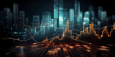 Business and financial stock market, economic graph with diagrams, business investment and stock trading on dark background