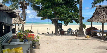 Sandy beach with palm trees and huts in the Pacific.