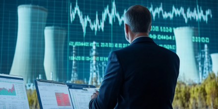 Man looking at a power plant and stock market graph