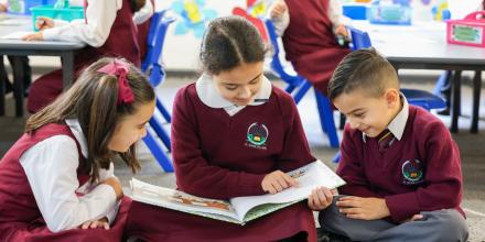 Three primary school children are reading while sitting down in class.