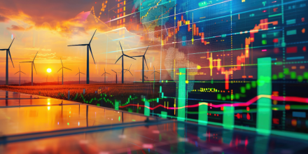 Wind farms overlaid with graphs and computer screen data 