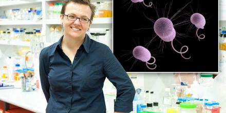 Photo of UTS researcher Cynthia Whitchurch, with Pseudomonas aeruginosa (inset)