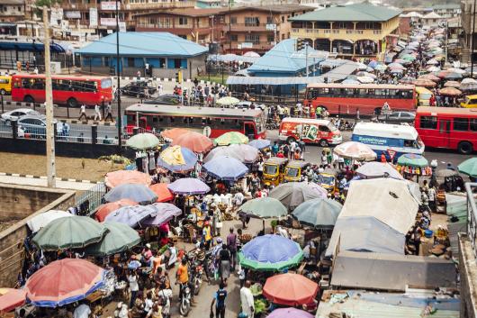 View from above of a crowded city street