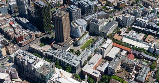 An aerial view of a number of city blocks, including the UTS Tower and surrounding UTS buildings