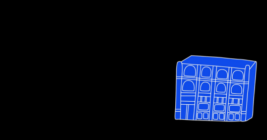 black screen with blue sketch of a building