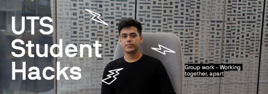 UTS Student Hacks logo with image of Avi sitting in front of a window, with Building 11 in the background