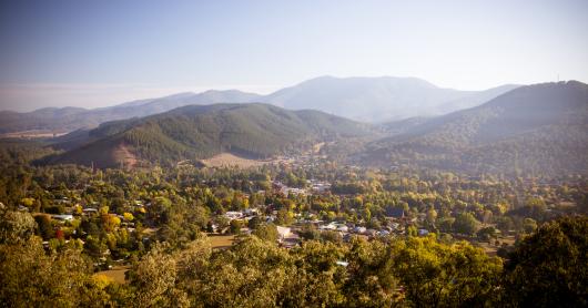 a remote town nestled amidst trees and mountains.