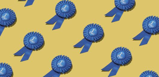 Yellow background with multiple blue rosettes for the winner of an award, displayed in a geometric pattern.