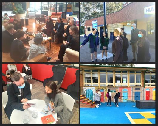 composite image of four photos of students at school in classrooms and outside in playgrounds