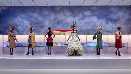 Installation view of The Widows of Culloden collection, autumn winter 2006 - 07 in Alexander McQueen: Mind, Mythos, Muse on display at NGV International from 11 December 2022 - 16 April 2023. Headpieces by Michael Schmidt Photo: Sean Fennessy