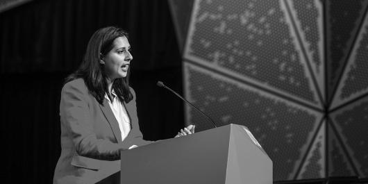 Journalist and author Sarah Malik delivering her keynote address at UTS's 2023 International Women's Day celebrations.