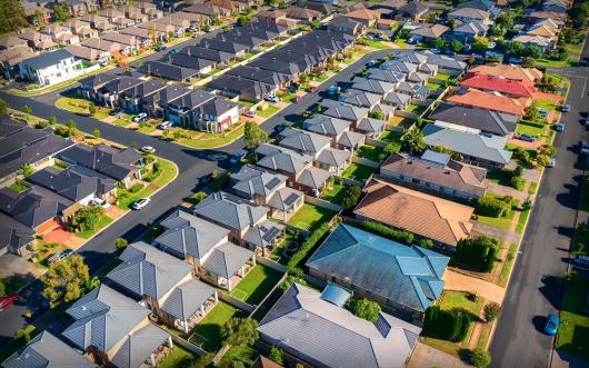 Stock picture of a suburban housing development from the air 