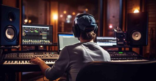 Sound engineer wearing headphones and musician recording song in a boutique recording studio