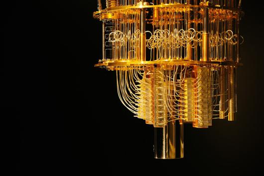 A complex cooling rig is needed to maintain the ultracold working temperatures required by a superconducting quantum computer. Picture: IBM