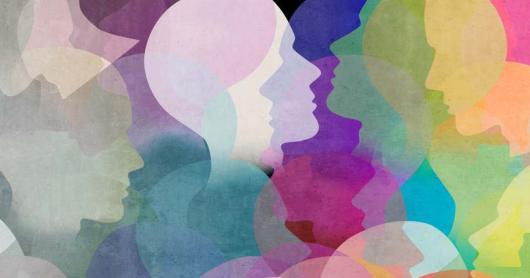 a coloured graphic with silhouettes of human heads