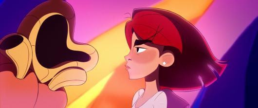 Animated still of a red haired girl staring at a shape