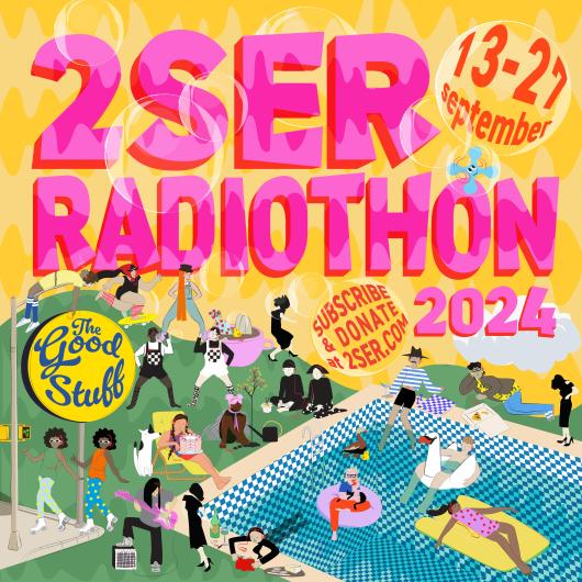 Colourful illustration of people outside listening to radio