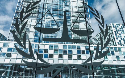 The Hague, Netherlands - april 19 2016: the logo of the ICC international criminal court at the entrance infront of the building itself. By oliver de la haye