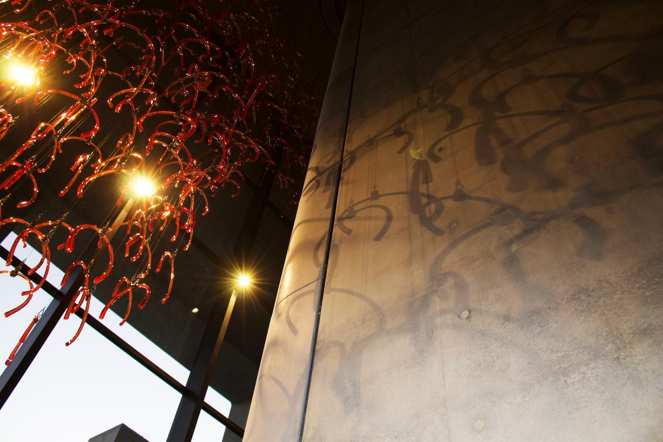 One Hundred Broadway’s foyer entrance. A modern chandelier of hand-blown glass decorates the foyer.