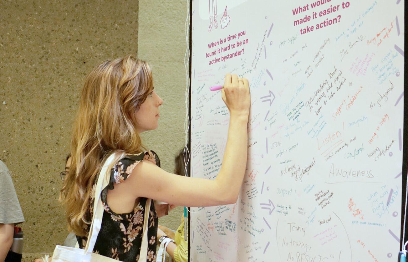 Woman giving comments on ideas wall