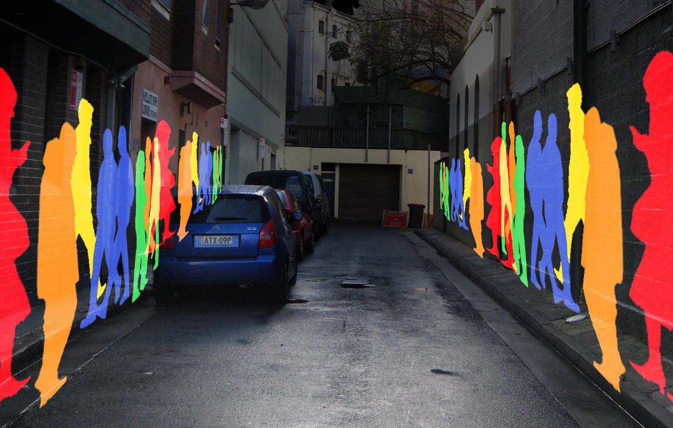 CGI of Kings Cross laneway at night, vibrant street art on the walls