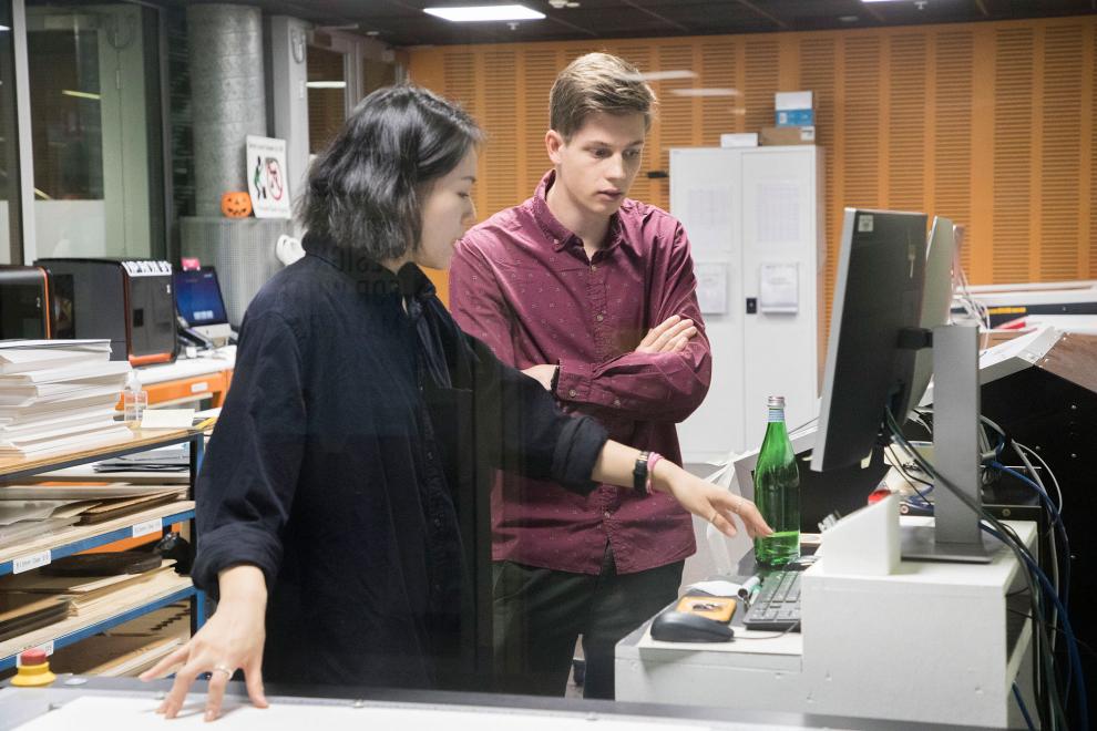 Digital Makerspace Studio, two students in discussion