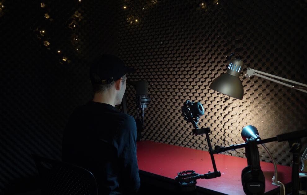 Student working in sound studio