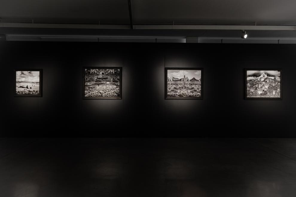 Installation of black and white photographs 