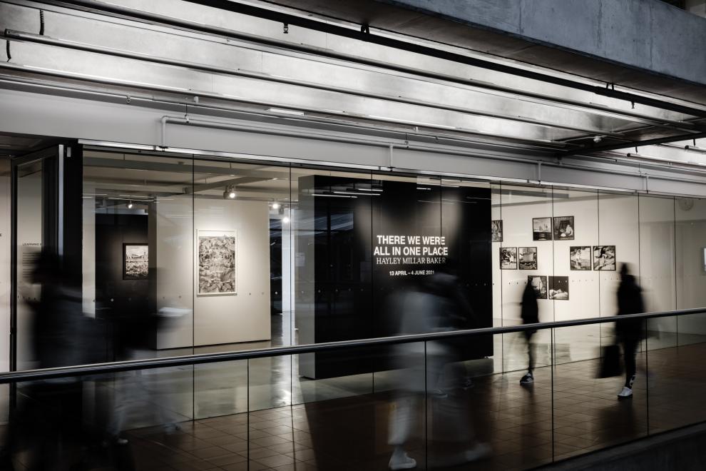 Installation of black and white photographs 
