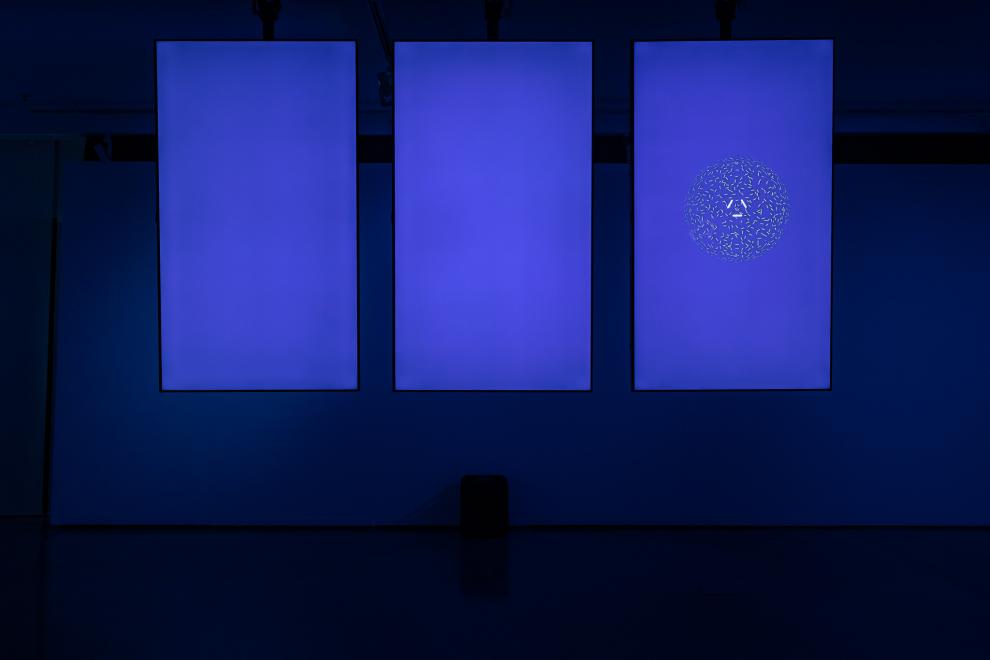 Installation view of UTS Gallery bathed in blue light