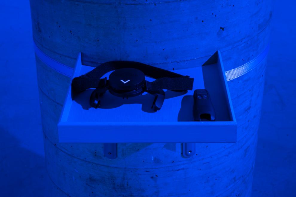 Installation view of UTS Gallery bathed in blue light