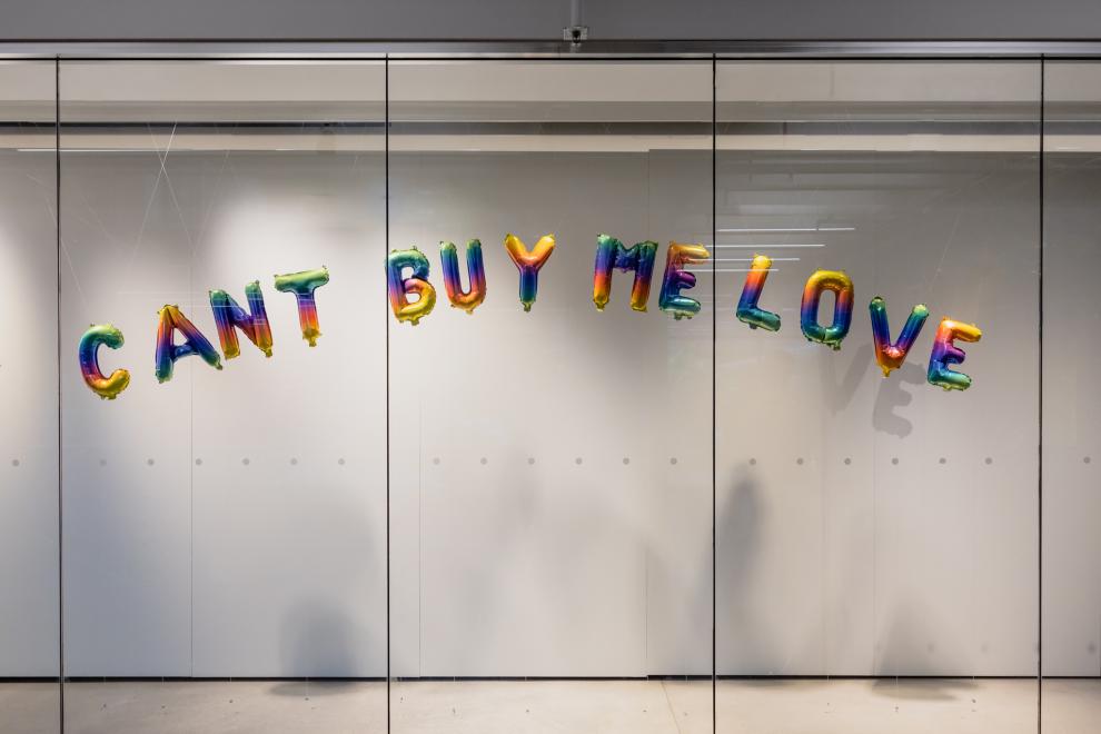 Rainbow balloons 'CANT BUY ME LOVE'