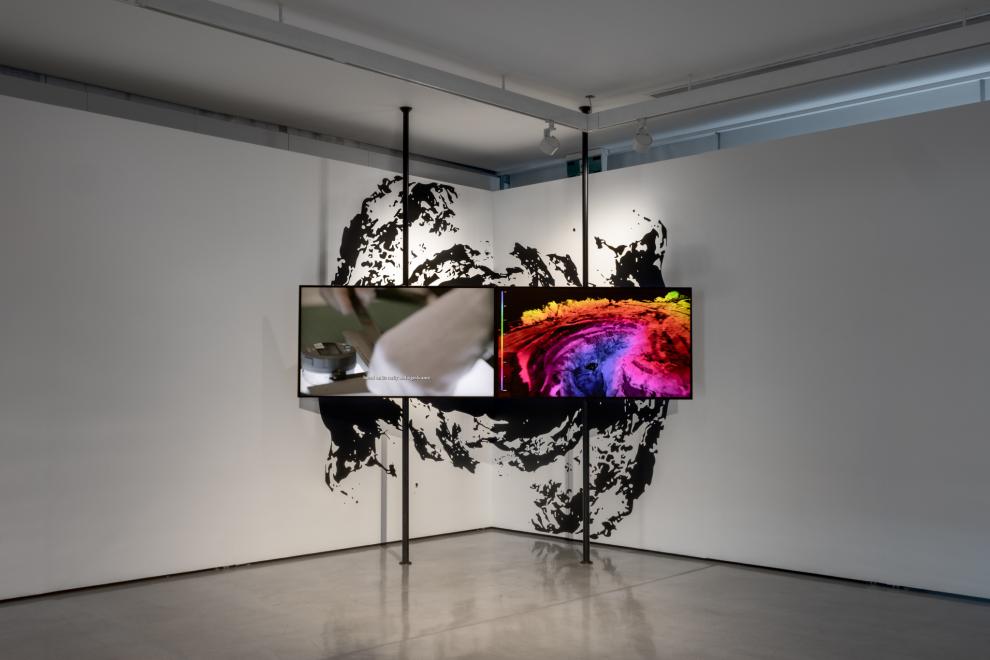 Two television screens mounted on vertical poles. The screen on the left shows muted colurs, the screen on the right shows bright saturated colours. Behind the screens a black and white graphic of a mine shaft is on the wall. 