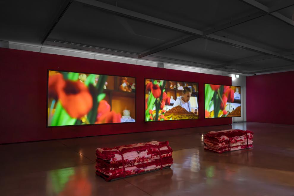 A three channel video work in a gallery with red walls 